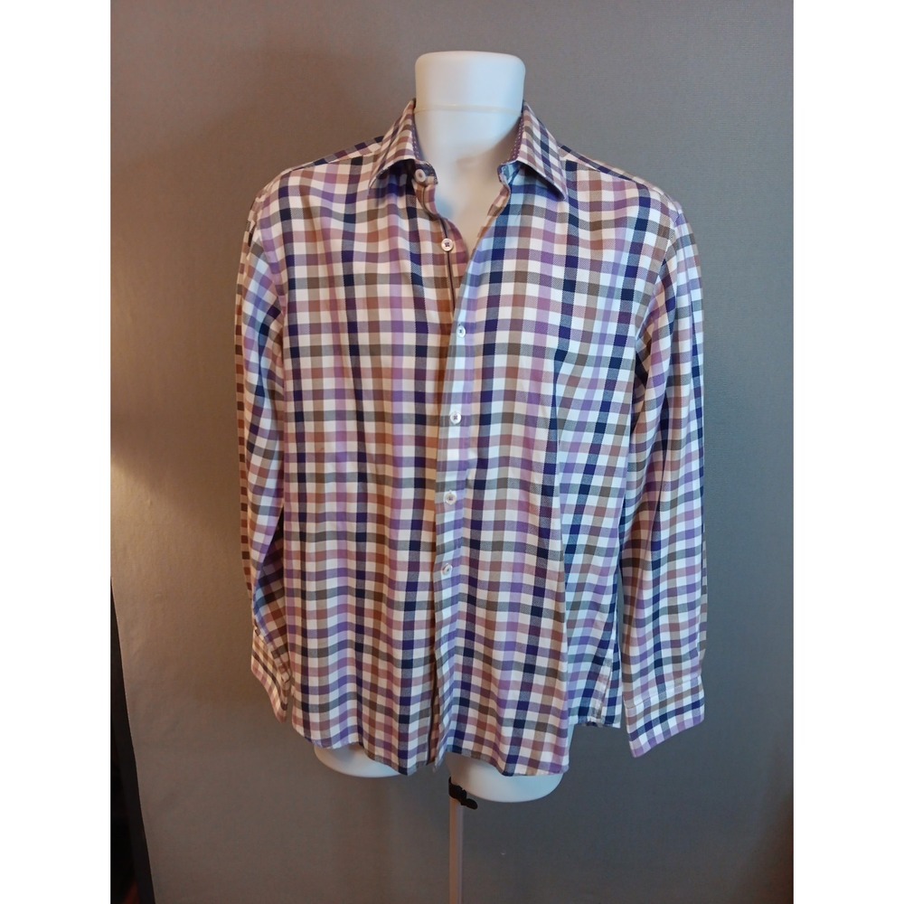 BUGATCHI Uomo Men's M Shaped Fit Plaid Long Sleeve Button Up Sport Shirt EUC